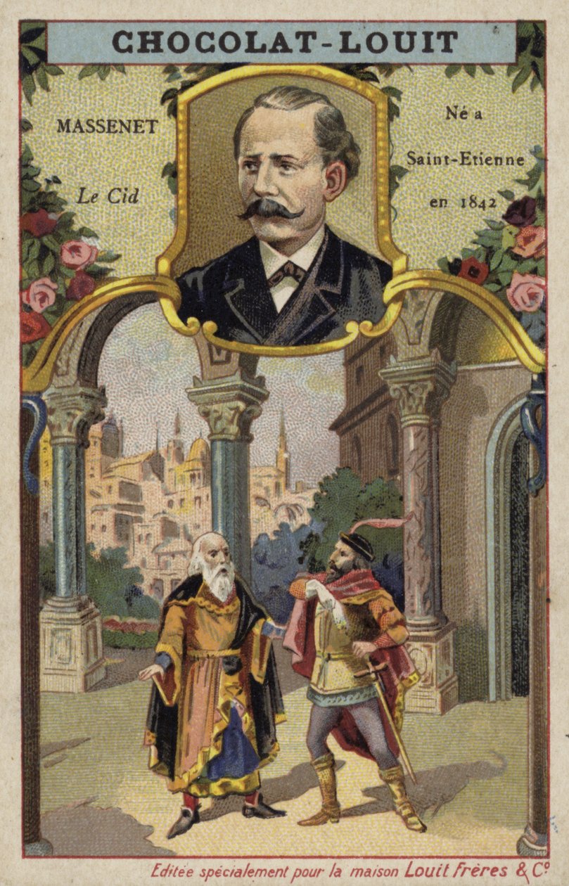 Jules Massenet, francia zeneszerző és a Le Cid című operájának egy jelenete (kromolito) alkotó: French School