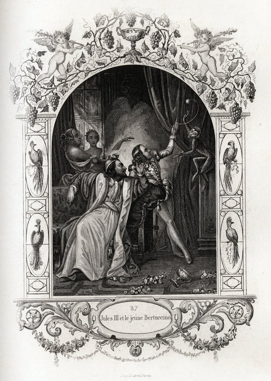 III. Julius (julius vagy Iulius vagy Giulio) (pápa 1550-től 1555-ig) és a fiatal Bertuccino, a majombemutató. Maurice Lachatre (1814-1900), Librairie du progress, Párizs, Histoire des Popes című metszete. alkotó: French School