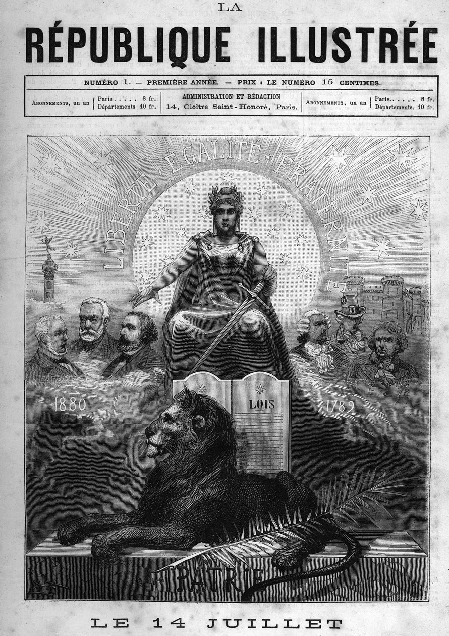 Július 14.: Allegorie de la Republique Francaise. Egy babérral koronázott nő, aki kardot tart. Lábánál oroszlán, pálma és a törvények asztala. Fölötte a Köztársaság mottója: „Liberte, Egyenlőség, Testvériség””. Az esélyek szerint intellektuális és politi alkotó: French School