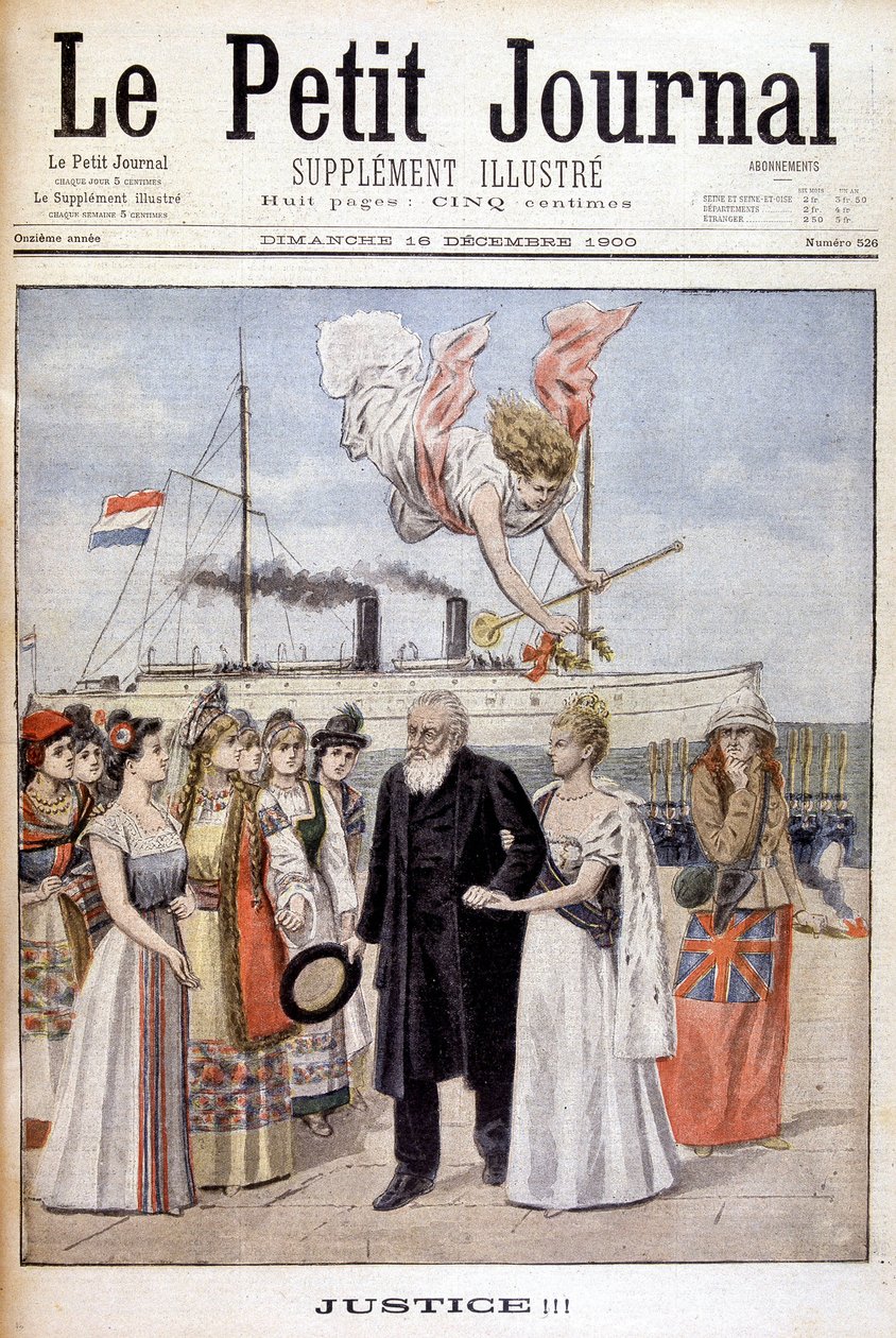 Igazságszolgáltatás! : Kruger elnök eljön, hogy népe ügyét képviselje Hollandiában, Vilmos királynőhöz – az 1900. december 16-i „Le Petit Journal”-ban (metszet) alkotó: French School