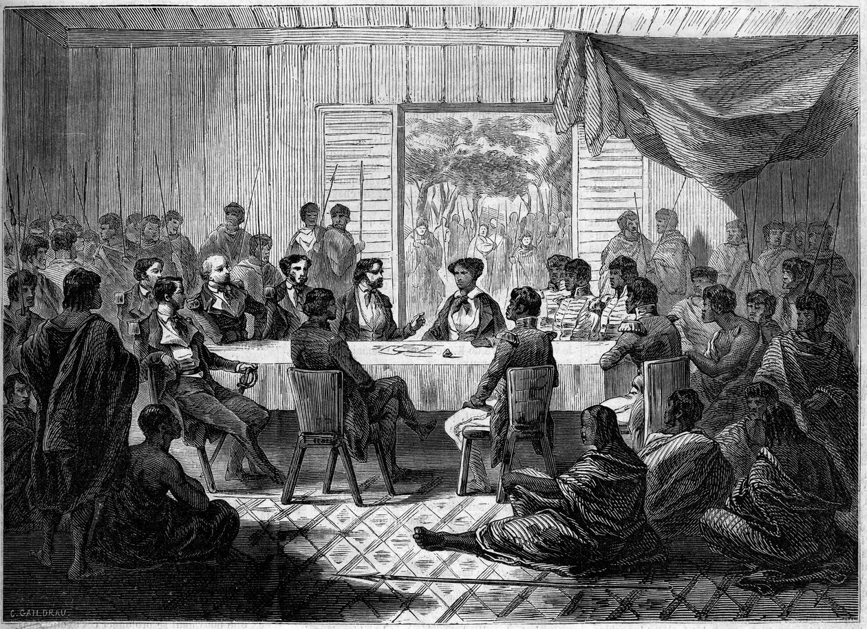 I. Ranavalo Manjaka királynőt képviselő francia tisztek és madagaszkári főnökök kabar (találkozója) (Ranavalona). Madagaszkár alkotó: French School