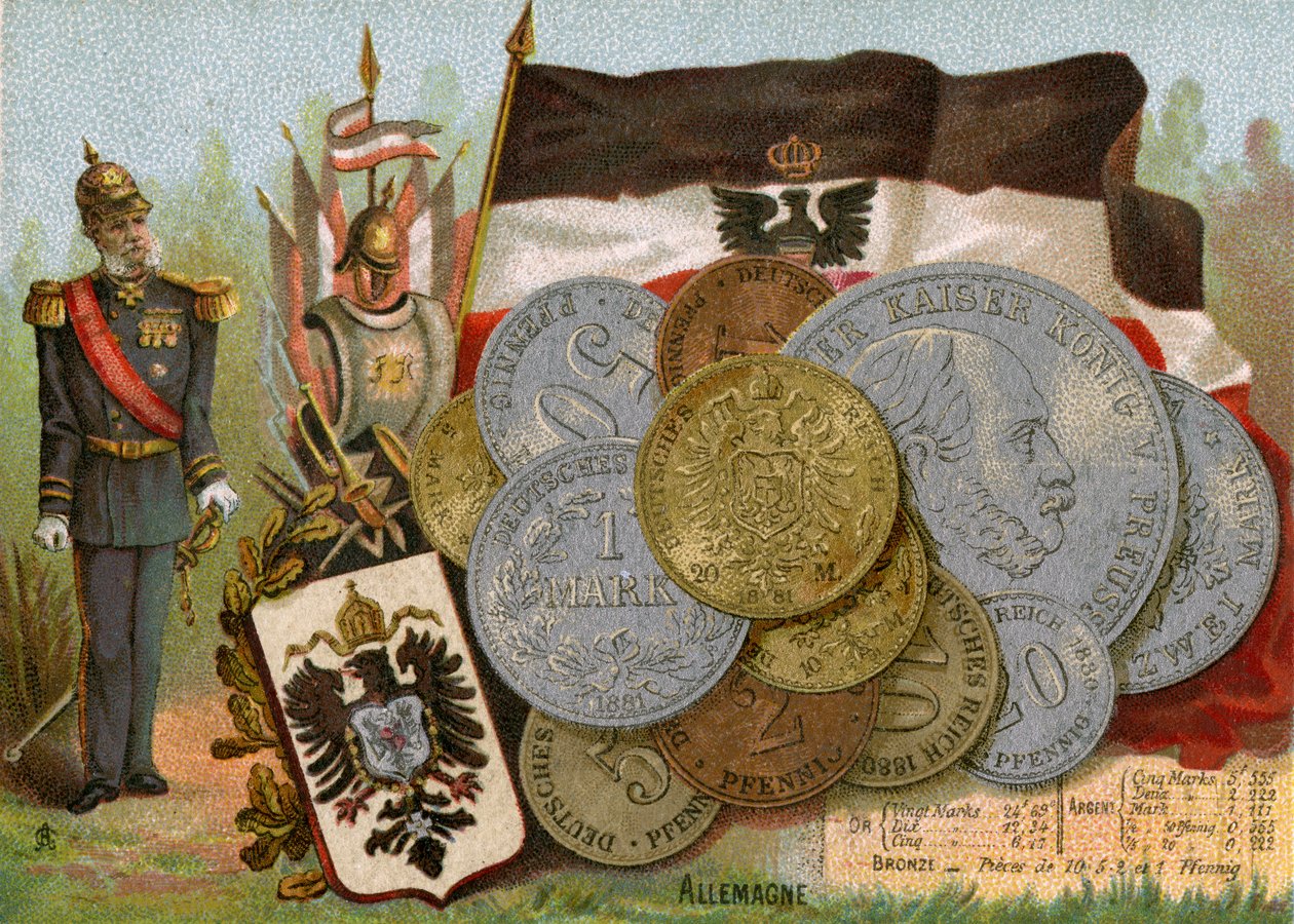 I. Vilmos császár a Porosz Királyság zászlaja és a német német márkák kijelzője mellett áll, 1890 körül alkotó: French School