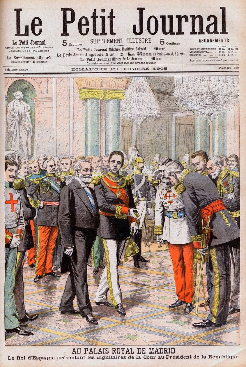 XIII. Alfonz spanyol király bemutatja udvarát Emile Loubet francia elnöknek a madridi királyi palotában. A madridi királyi palotában. XIII. Alfonz spanyol király bemutatja az udvar méltóságát Loubet köztársasági elnöknek alkotó: French School