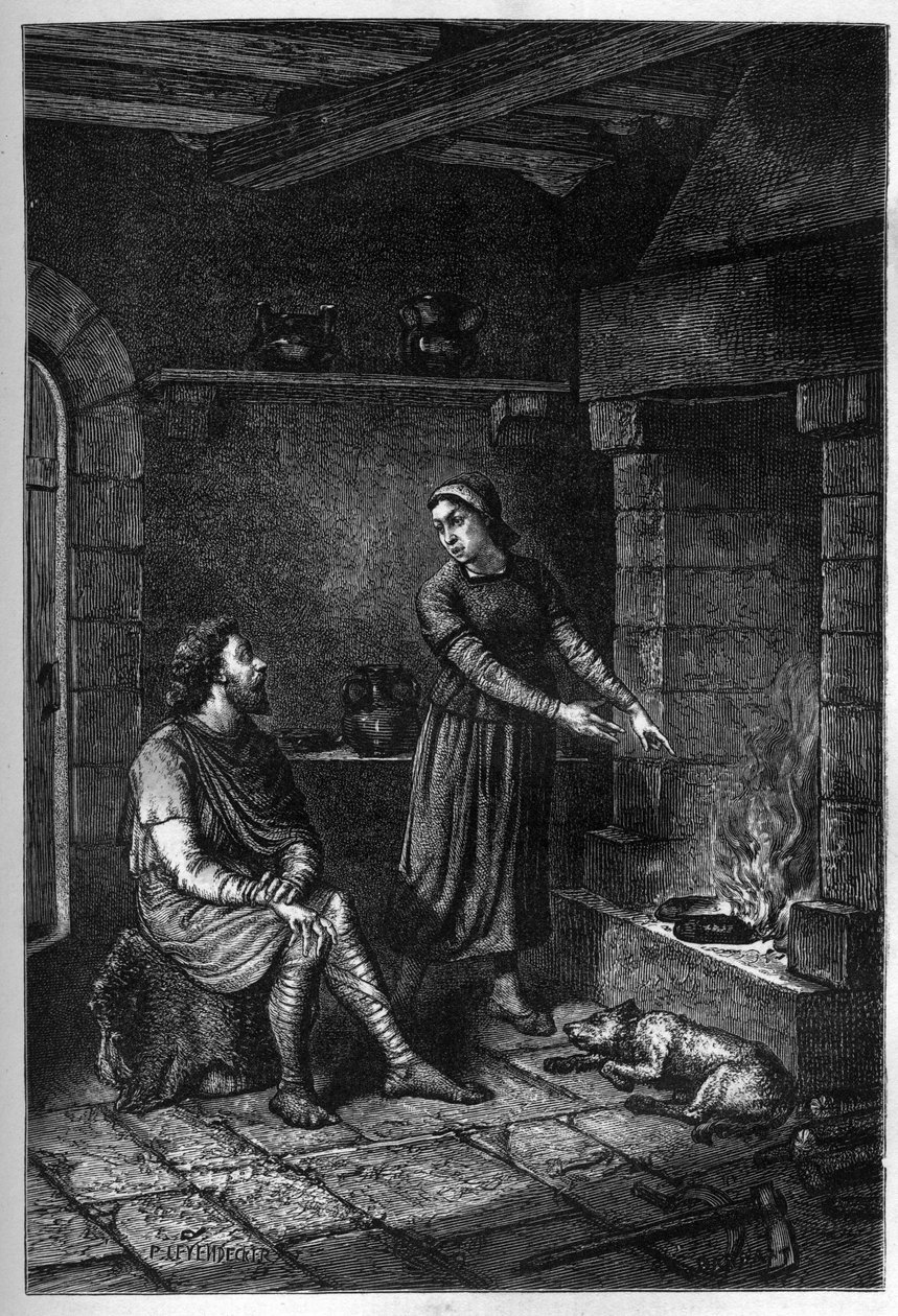 Nagy Alfréd király (849-899) elfelejti a dán ház által készített süteményeket a tetője alatt Athelneyben, és elégeti őket, 878 (metszet) alkotó: French School