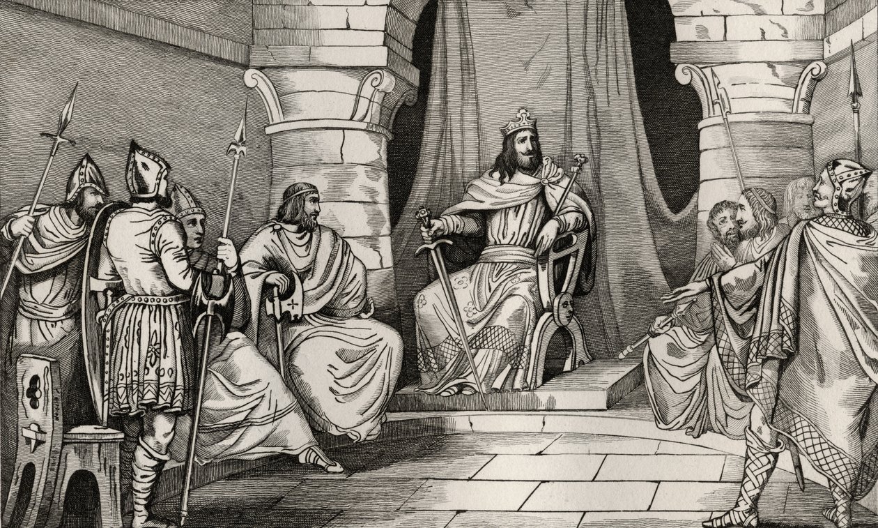 Charibert király (521-67) tanácsban a magisztrátusokkal, Colart „Histoire de France” c. 1840 alkotó: French School