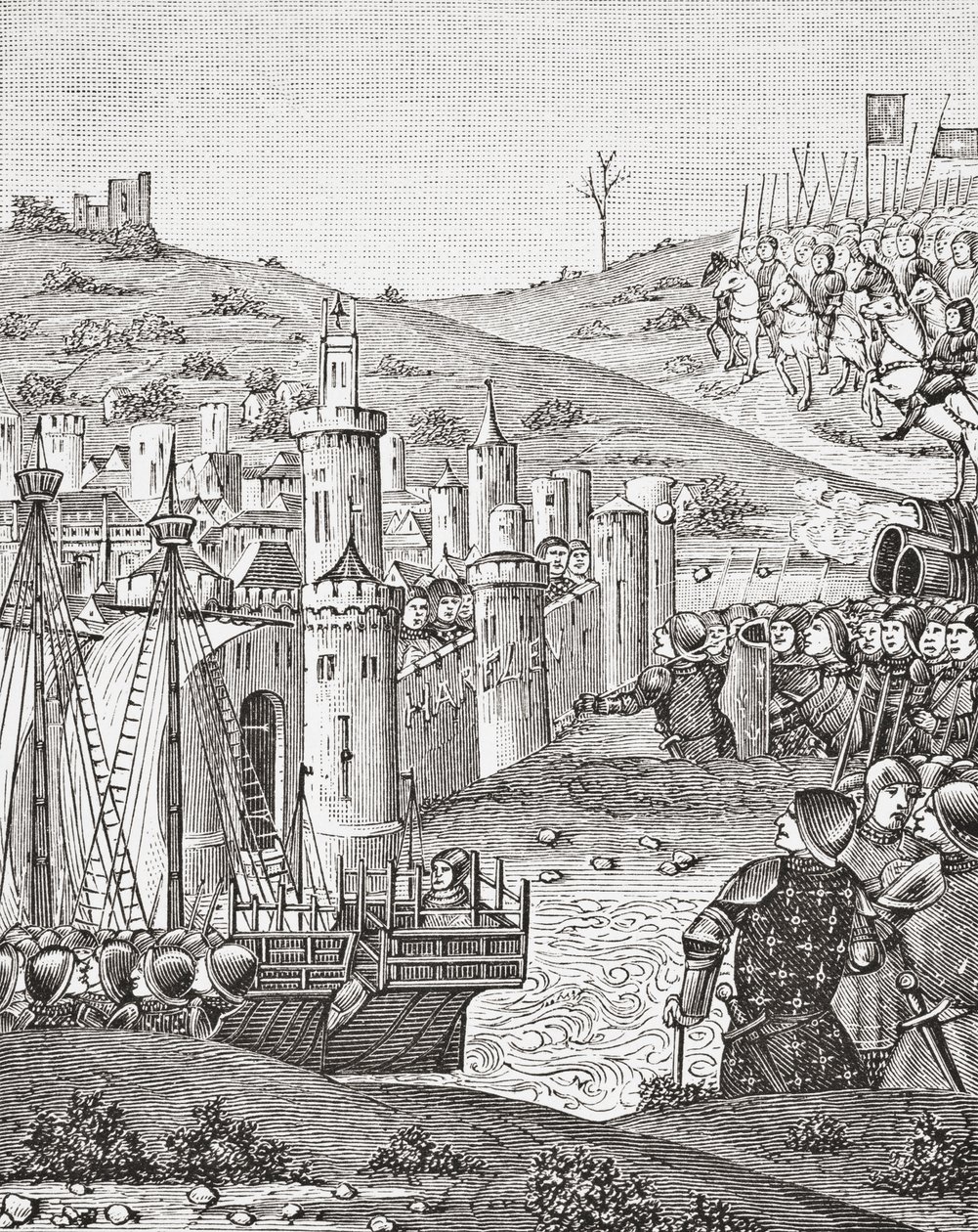 VII. Károly király, miután elhagyta Rouent, Harfleur városának ostromára indul, a 15. századi Chroniques de Monstrelet kézirat miniatúrája nyomán, amelyet Paul Lacroix kocsma a Science and Literature in the Middle Ages című könyvéből készített. London 1878 alkotó: French School