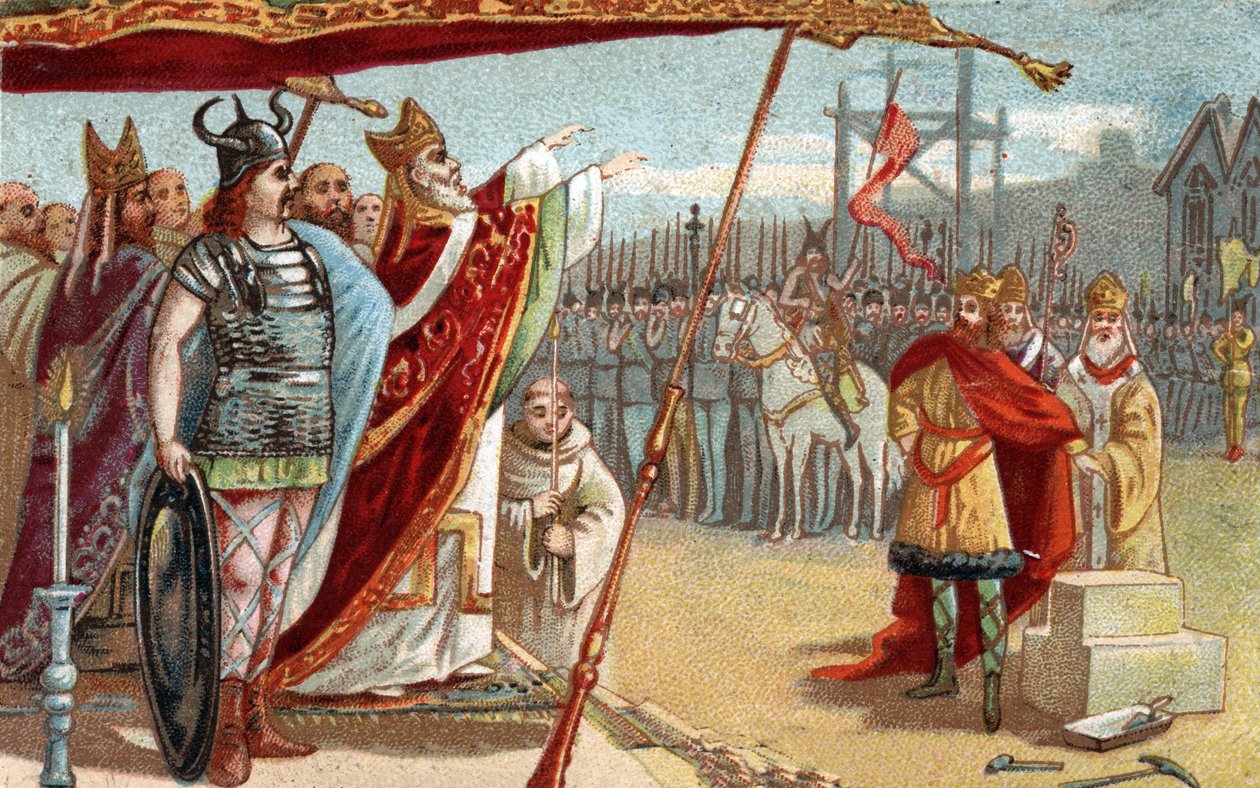 I. Dagobert király (605-639), a frankok meroving királya 629-634 között Szent Eloi jelenlétében lerakja a Szent Dénes-bazilika (Szent Denis) első kövét. A 19. század végének kromolitográfiája. alkotó: French School