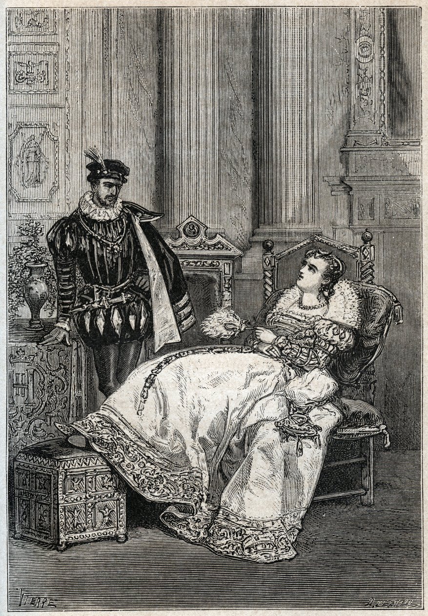 II. Henrik király (1519-1559) és Diane de Poitiers (1499-1566) - II. Henrik francia és Diane de Poitiers - metszet Jules Michelet "" Histoire de France" című művéből - 1876-1877 - alkotó: French School