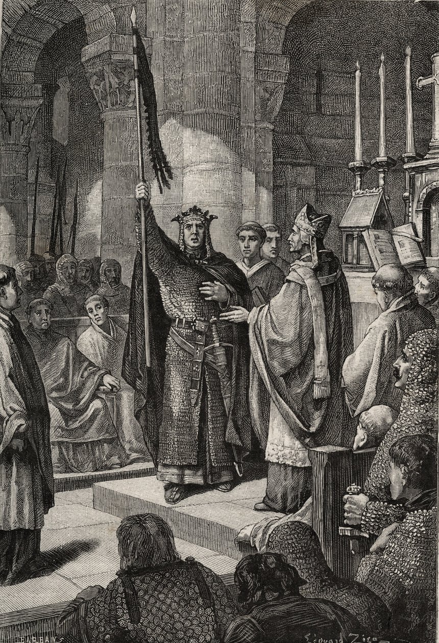 VII. Lajos király (1120-1180) átveszi a Szent Dénes-bazilika (Szent Denis) oriflame-jét Aquitánia Alienor királynéja jelenlétében, és átveszi III. távozása előtt alkotó: French School