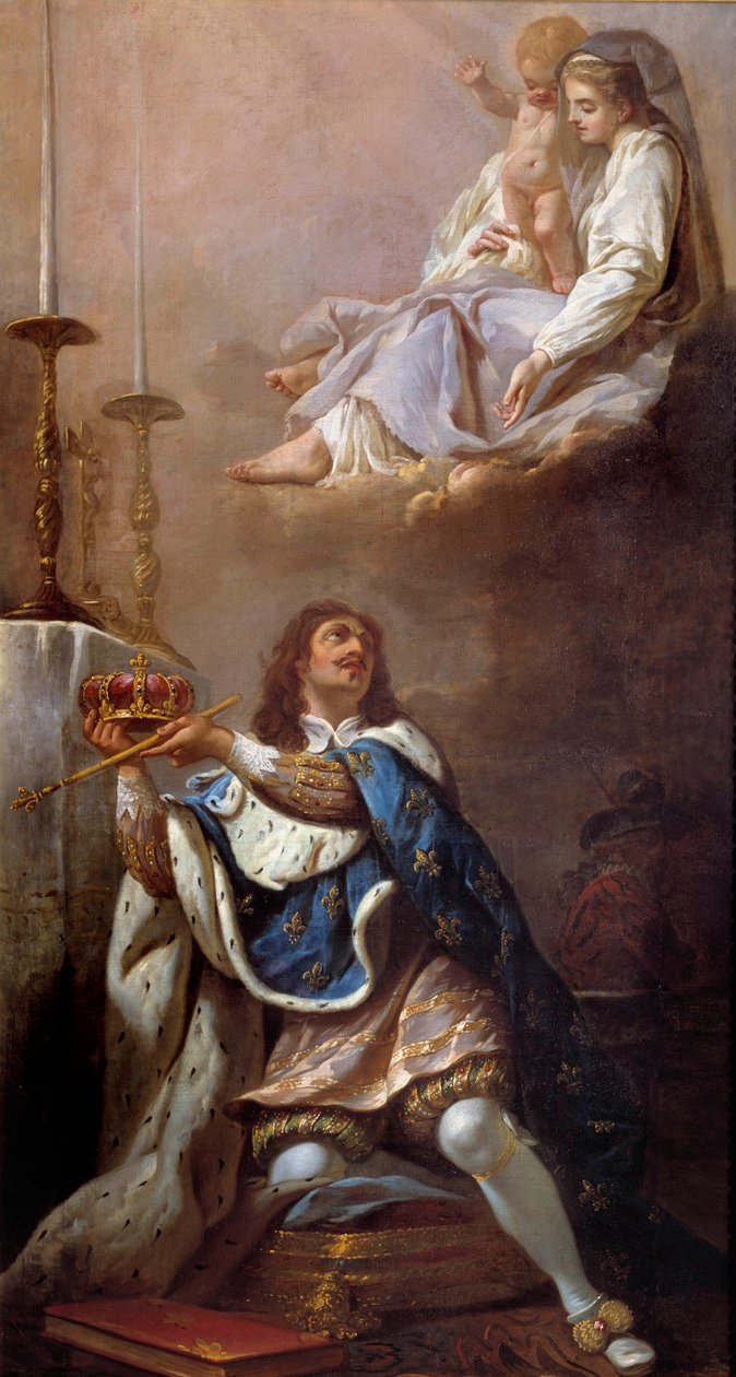 XIII. Lajos király felajánlja koronáját a Francia Iskola Szűz festményének. 17. századi Versailles. Versailles-i Boldogasszony templom alkotó: French School