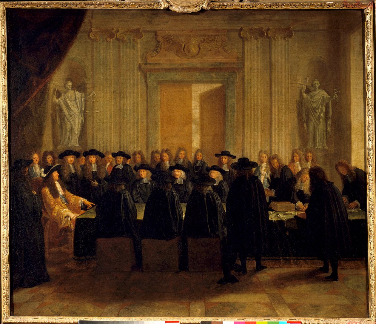 XIV. Lajos király (1638-1715) az államtanácsosok és a kérvénymester jelenlétében tartotta a pecsétet, miközben ő maga töltötte be Franciaország kancellári tisztét 1672 februárja és áprilisa között. Névtelen festmény. 17. századi V. 1,10 x 1,28 m alkotó: French School