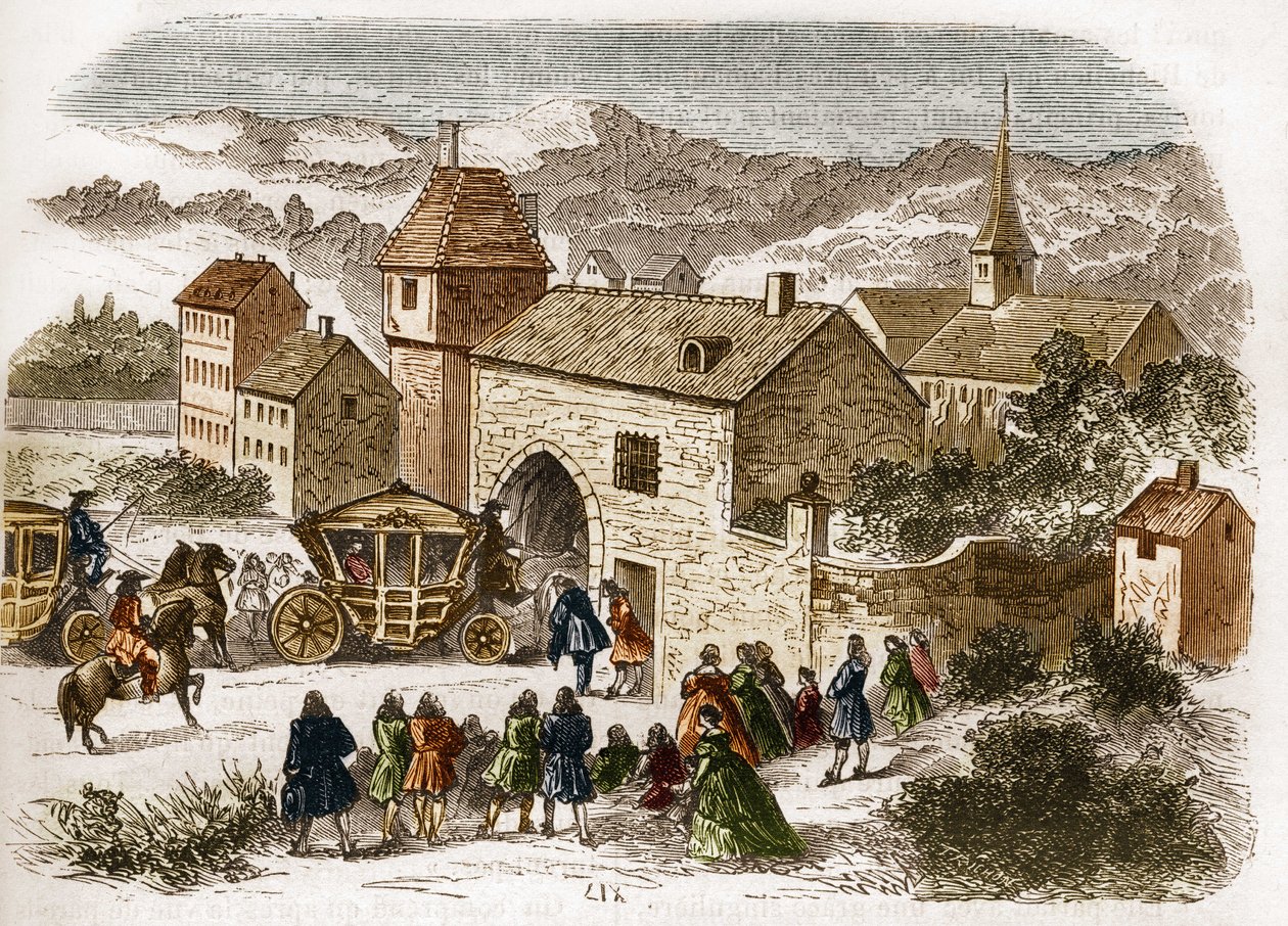 XIV. Lajos király (1638-1715) meglátogatta Melle de Fontanges-t (1661-1681) Port Royalban 1680 körül. Dr. Th. „A prostitúció és a kicsapongás története a világ összes népe között az ókortól napjainkig” című vésése . -F. Debray. 1879. alkotó: French School