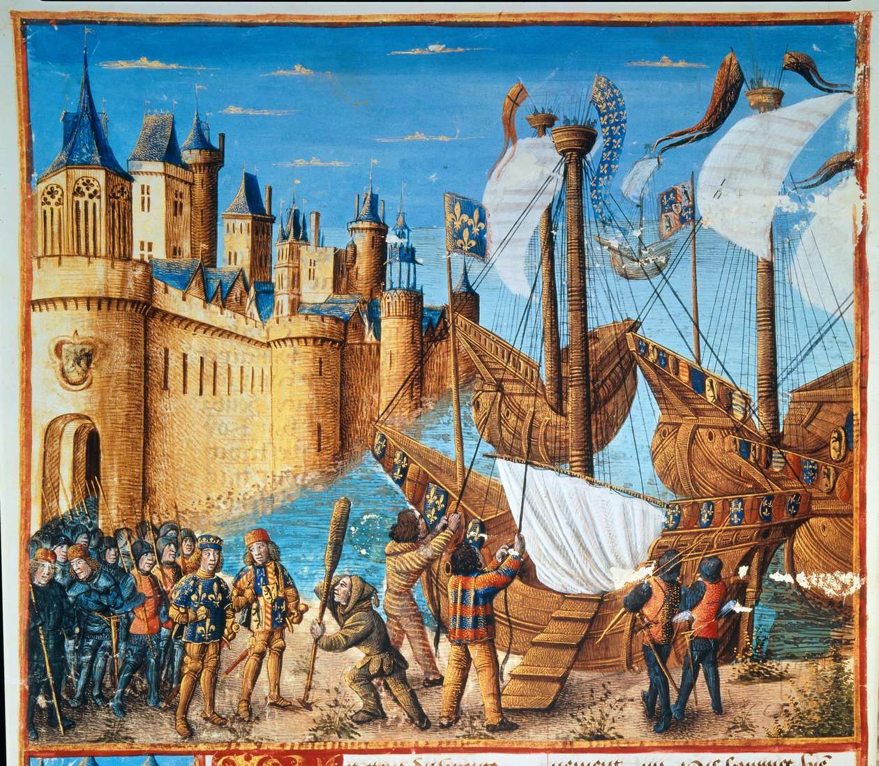 IX. Lajos (Szent Lajos) francia király (1214-1270) a hetedik keresztes hadjáratra indul (miniatűr alkotó: French School