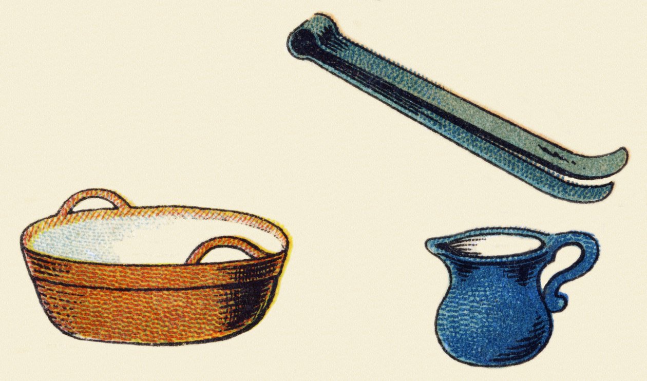 Konyhai eszköz. Gravírozás "ABC indechirable on lakkozott vászon". A. Capendu, szerkesztő, Párizs, 19. század vége. Gyermekkönyvesbolt illusztrált. 8 oldal. Mérete: 21,5x18 cm. alkotó: French School