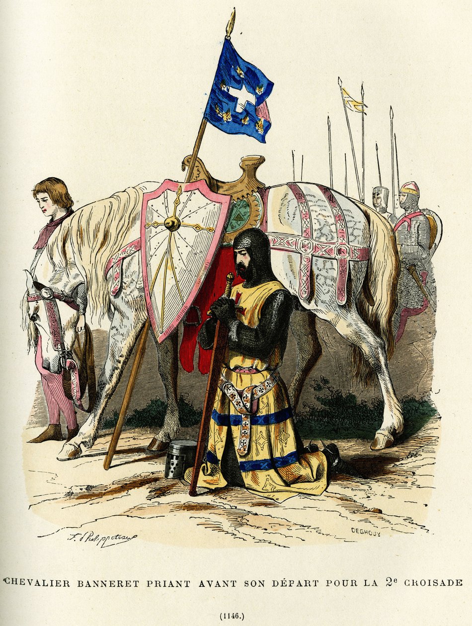 Banneret lovag (nemesi cím, amely feljogosítja a zászló viselésére) imádkozik a második keresztes hadjáratra való indulása előtt (1147-1149). Színes metszet, in: "France et les francais a travers les siecles", Augustin Challamel, F.Roy szerkesztő, Párizs 1 alkotó: French School