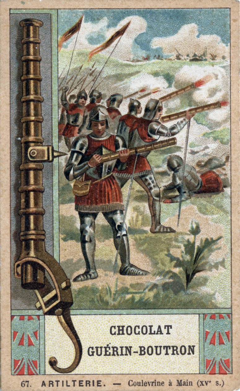 15. századi kézi coulevrint manőverező lovag. századi Guérin-Boutron csokoládék kromolitográfiája. alkotó: French School