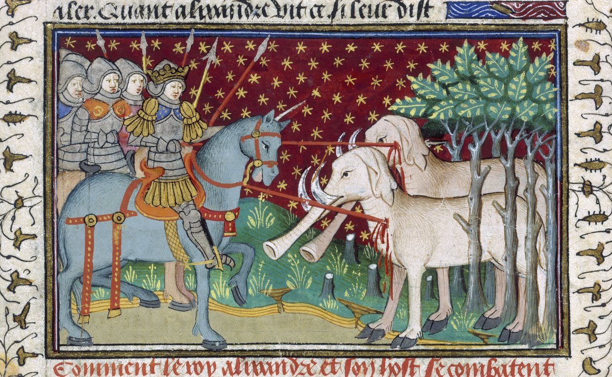 Elefántokra támadó lovagok a „Shrewsbury Talbot Book of Romances”-ből, 1445 körül (vellum) alkotó: French School