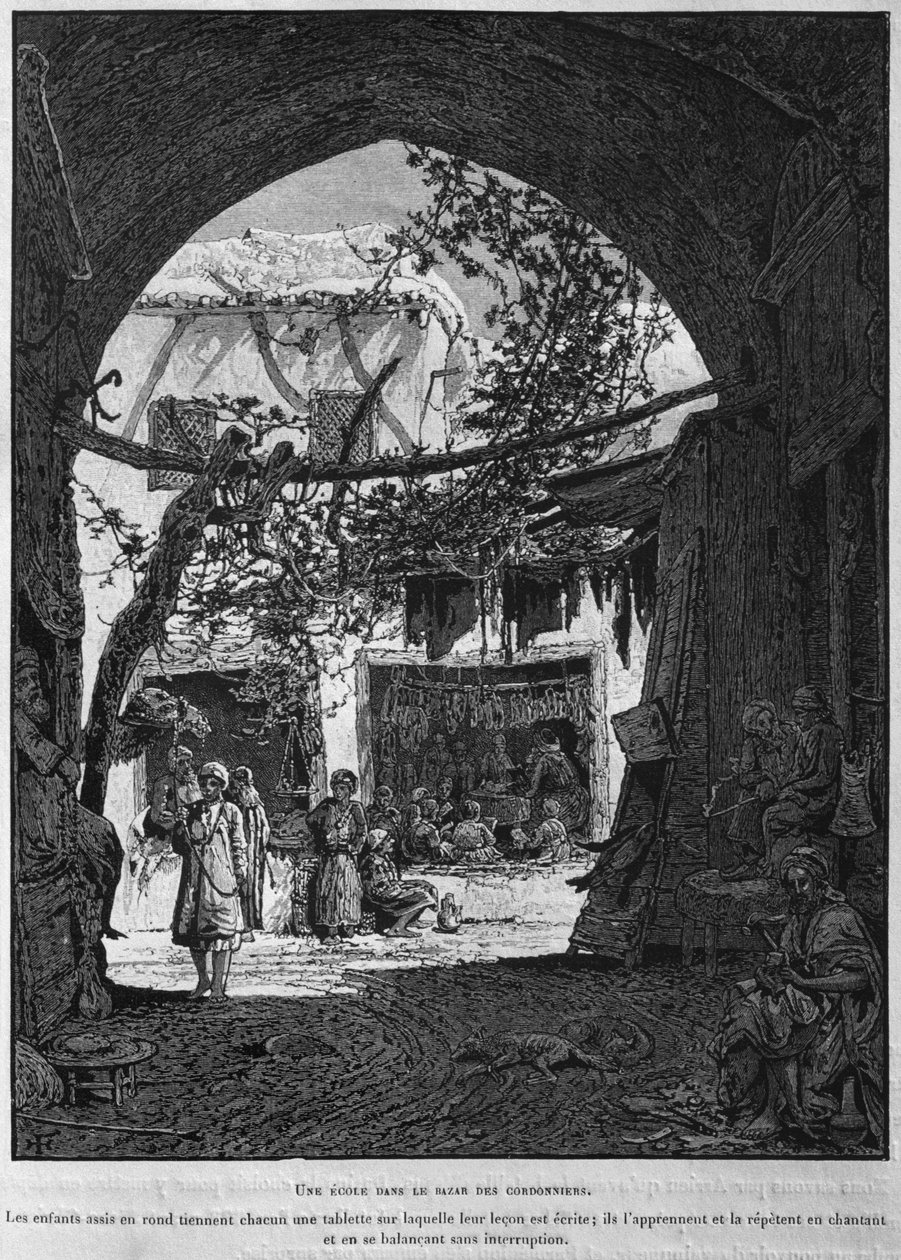 Korániskola a Cobblers Baazarban, a La Terre Sainte of Victor Guerinből, 1884 (bw metszet) alkotó: French School