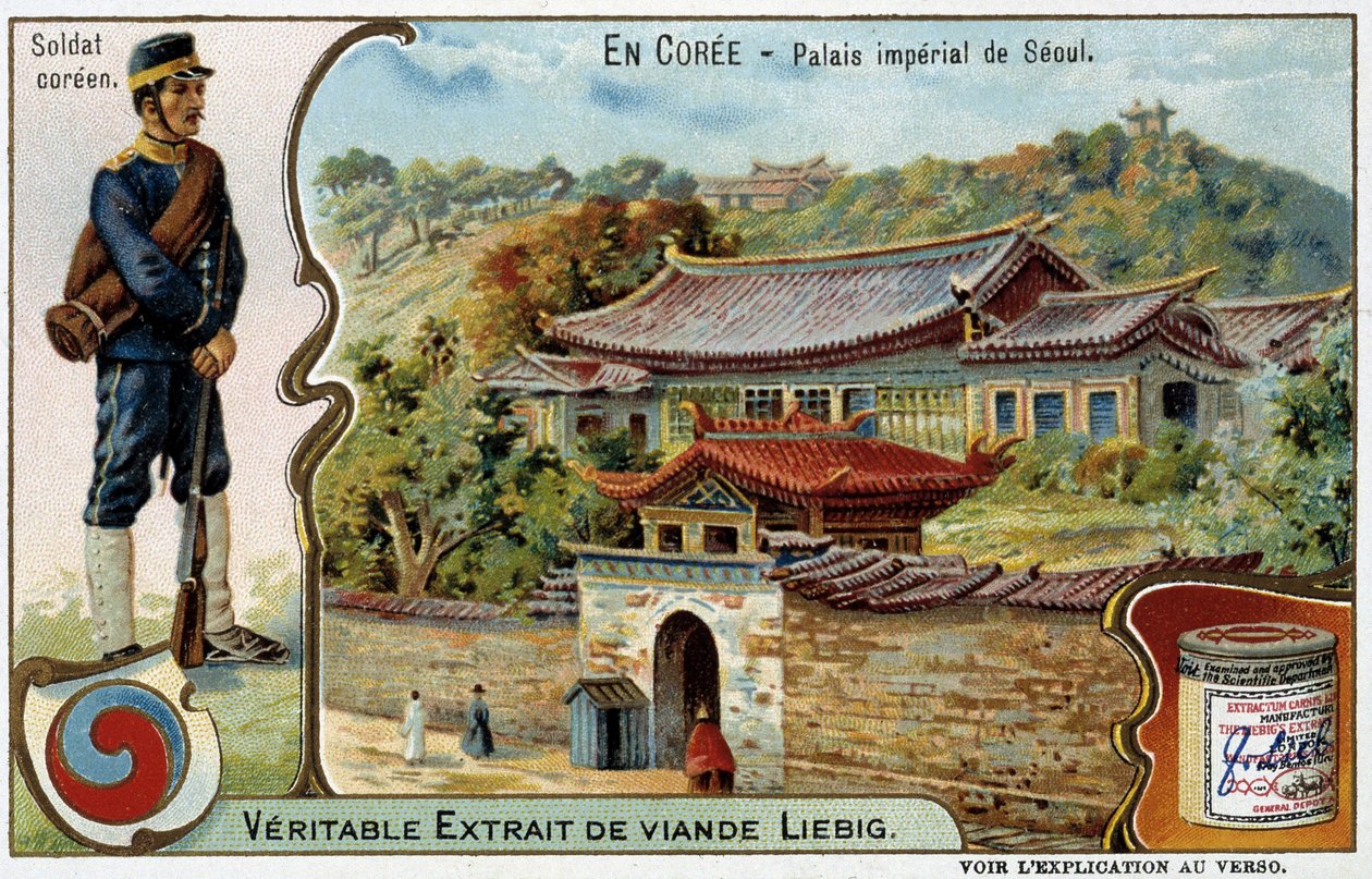Korea: Szöuli császári palota és katonajelmez – Liébig chromo, v.1900 alkotó: French School