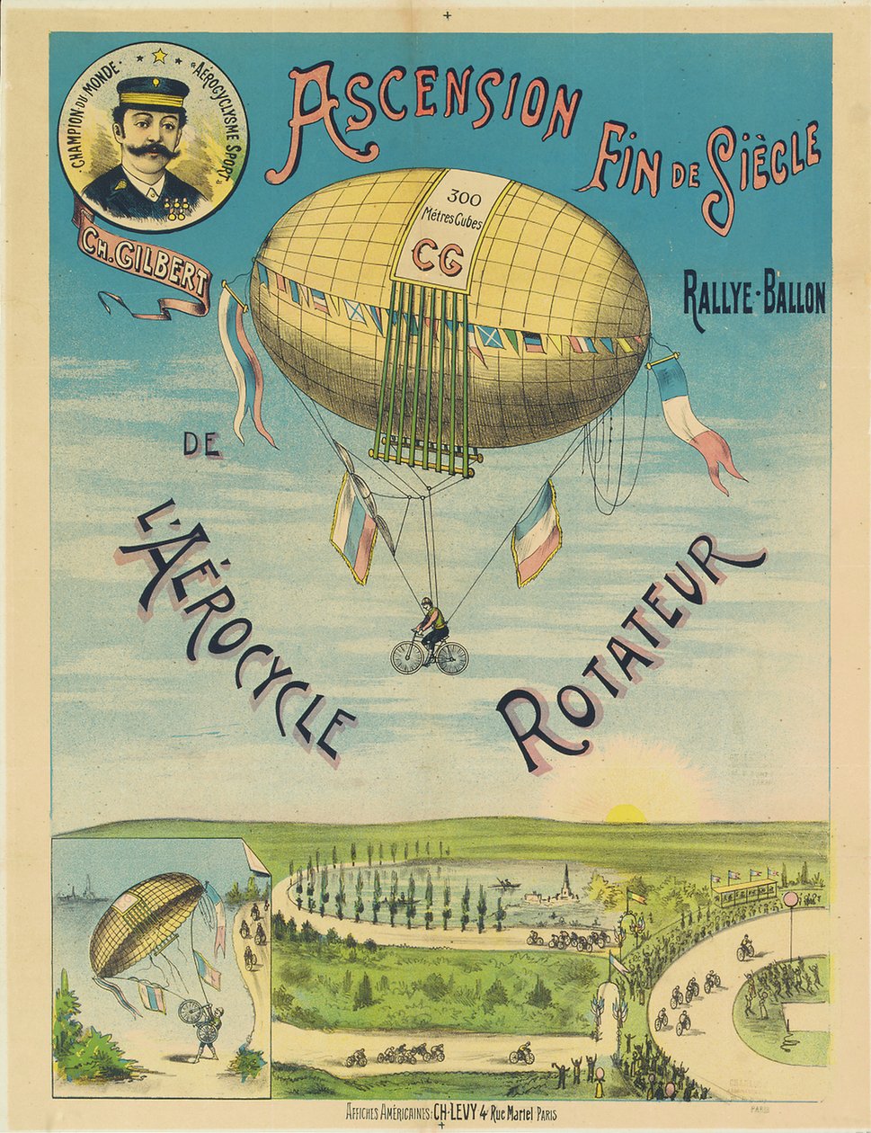 "L"Aerocycle Rotateur", reklámplakát a hőlégballonos kerékpárhoz, 1890 körül alkotó: French School