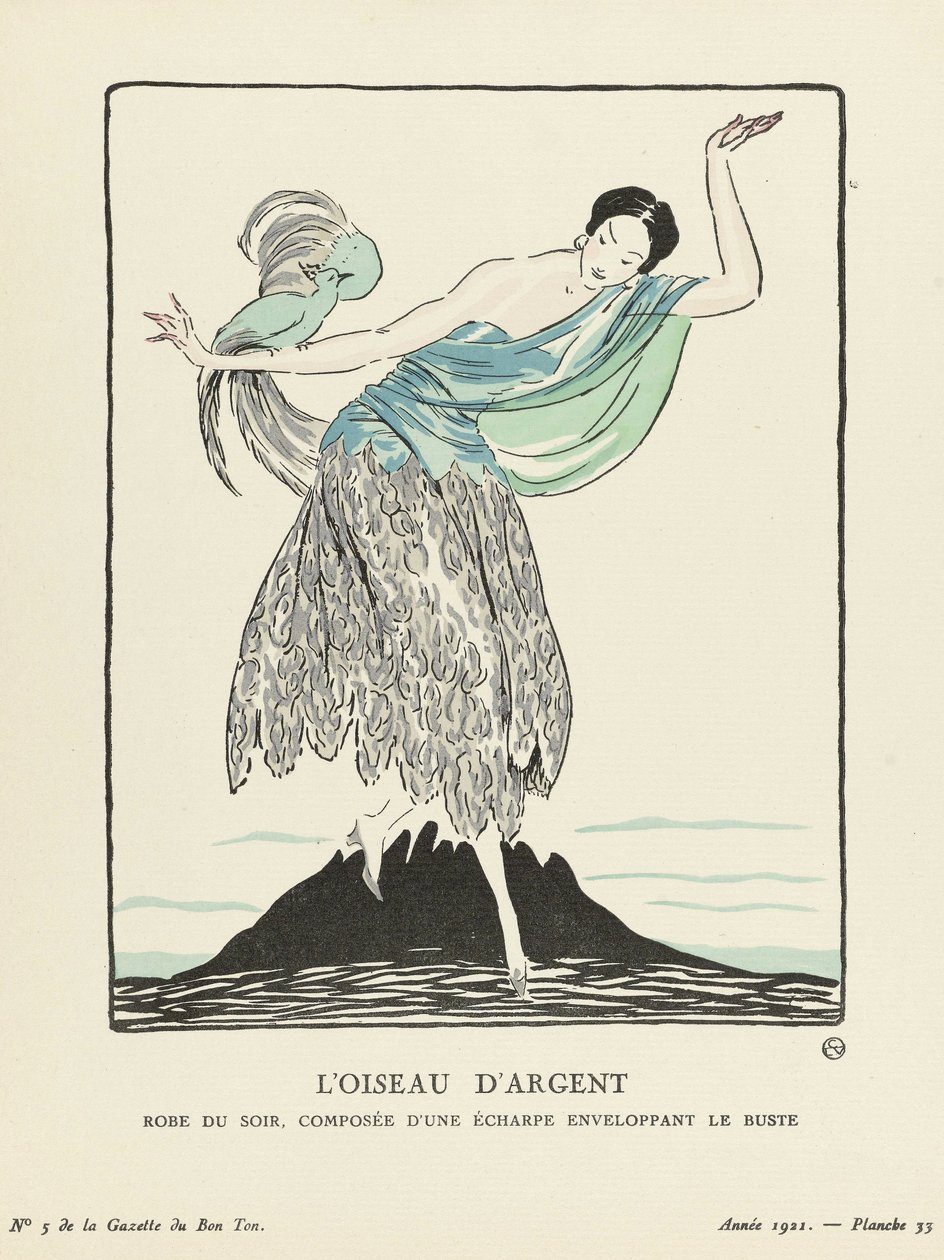Az Ezüst Madár. Estélyi ruha, amely a La Gazette du Bon Ton, kocsma mellszobrát körülölelő sálból áll. 1914 (sablonnyomat) alkotó: French School