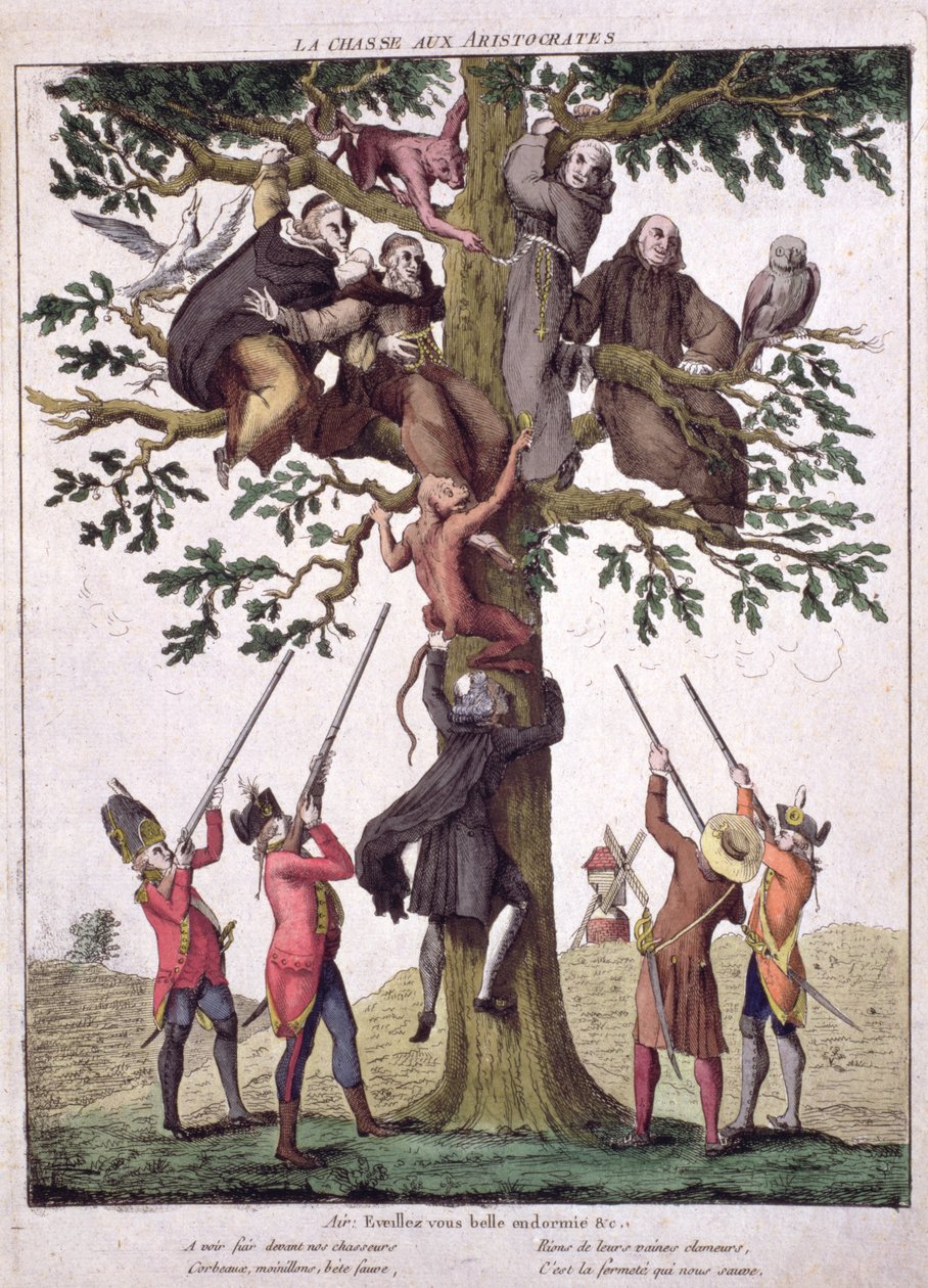 Vadászat az arisztokratákra, Királyellenes karikatúra, 1792 körül alkotó: French School