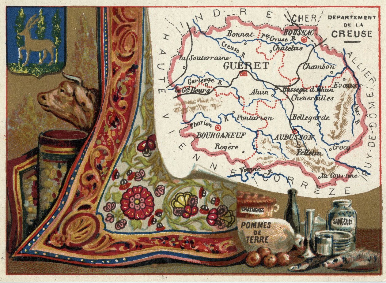 La Creuse (23), Le Limousin, Franciaország. Gesztenye, burgonya és piócák. Sorozat a francia minisztériumokról. Kromolitográfia (Chromo) „” a földrajzi szál””, 1920 körül. Magángyűjtemény. alkotó: French School