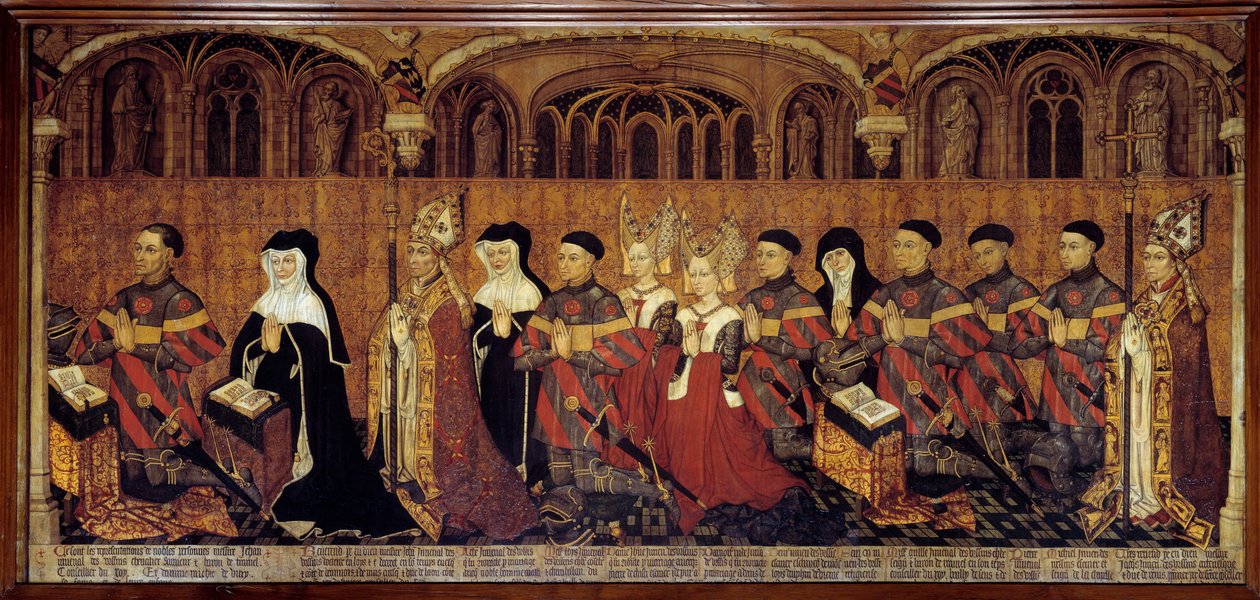 La Famille Jouvenel des Ursins A bíró, prevot Jean Jouvenel des Ursins vagy Jean Juvenal des Ursins (1360-1431), családtagjaival együtt imádkozik. Festmény a francia iskola fára. 1443-1449. Nap 1,3x3,5 m Párizs, Nemzeti Múzeum t alkotó: French School