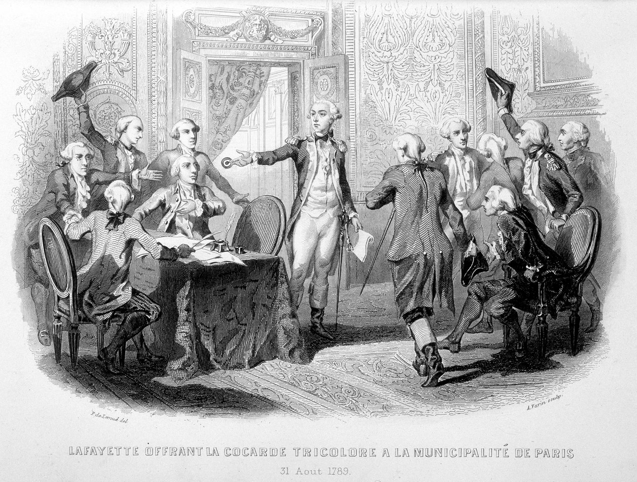 La Fayette (Lafayette) felajánlja a Cocard Tricolore-t Párizs önkormányzatának (1789. augusztus 31.) – a „Festes de Gardes Nationales de France”-ban” alkotó: French School
