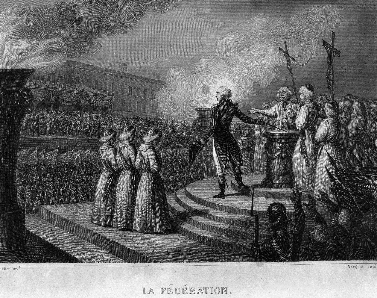 La Fédération (1790. július 14.), a Bastille felvételének évfordulója: eskü az alkotmányra – Thiers „Revolution francaise”-ben. 19. század alkotó: French School