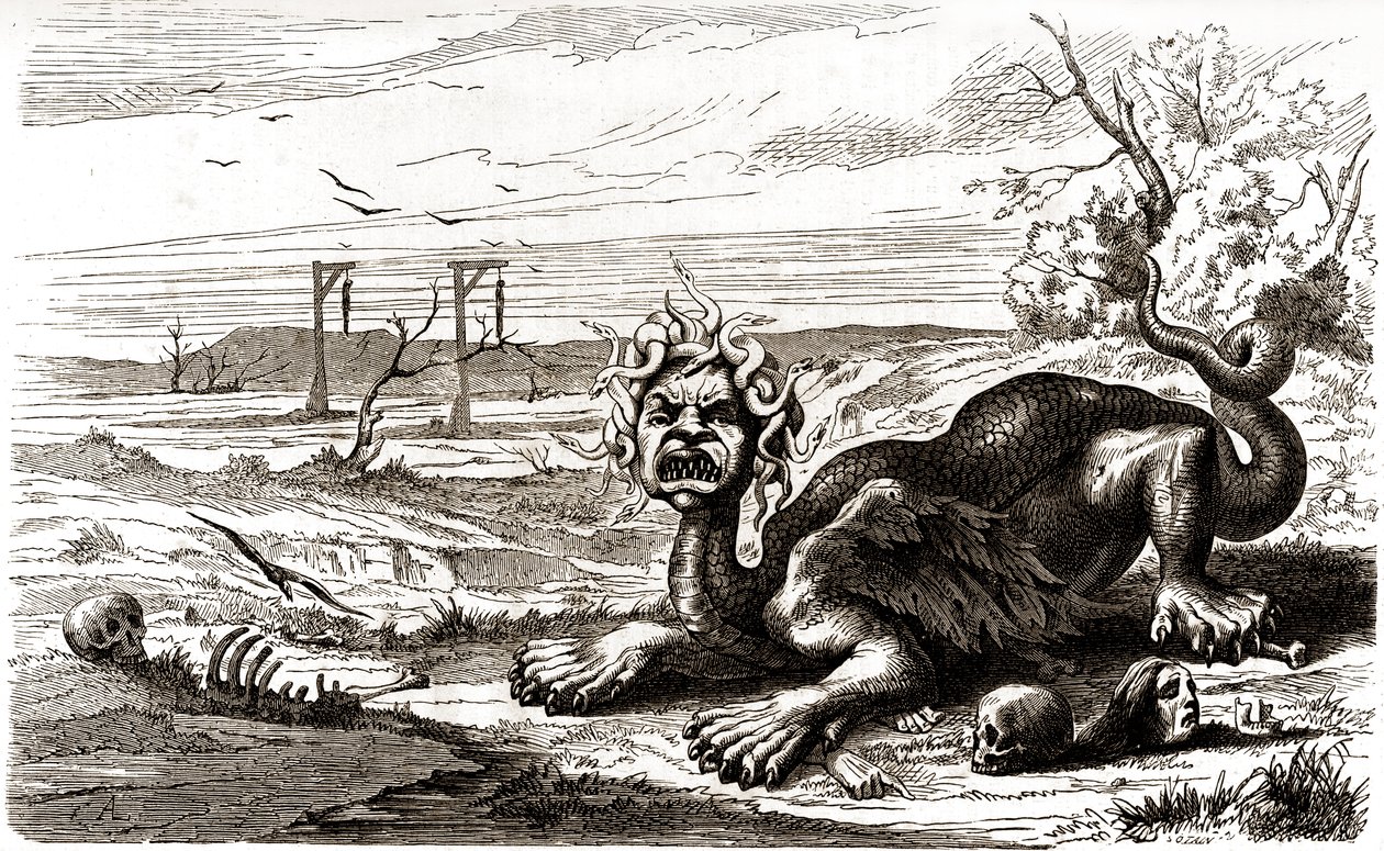 La Frond (1648-1653): kígyószőrű szörnyeteg, emberi hullák és csontvázak felett áll. alkotó: French School