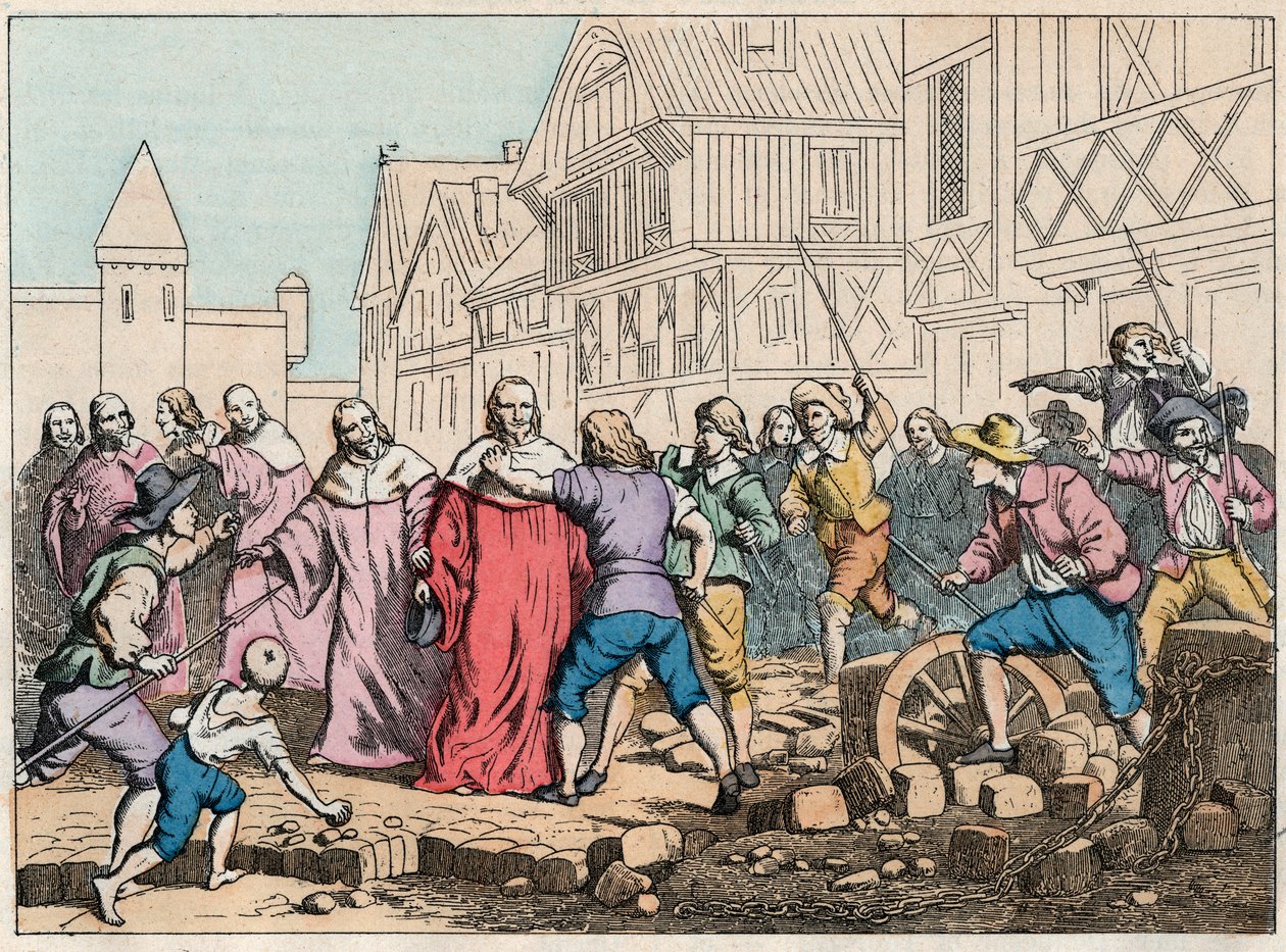 La Fronde (1648. augusztus 27.) - Barikádok Párizsban: egy rotorfiú a parlament elnökét, Mathieu Mole-t (1584-1656) fenyegeti - Mole elnököt felkelők bántalmazzák - 19. század végi metszet a „” Nos Gires Nationales-ban” Images et reci alkotó: French School