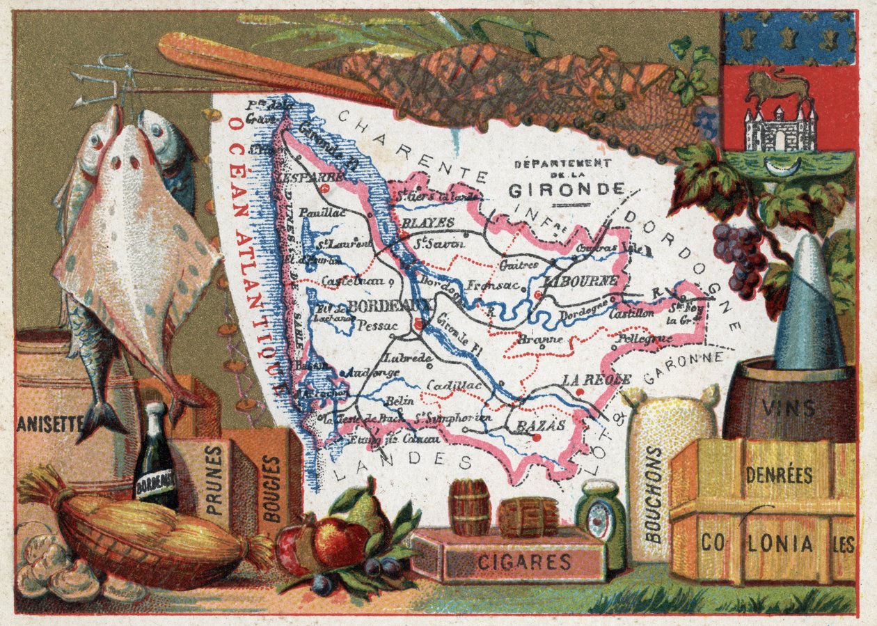 La Gironde (33), Aquitaine, Franciaország. Helyi specialitások: hal, anisett, bordeaux-i bor, szilva, gyertya, szivar, parafa és gyarmati ételek. Sorozat a francia minisztériumokról. Kromolitográfia (Chromo) „” a földrajzi szál””, 1920 körül. Magángyűjtemé alkotó: French School