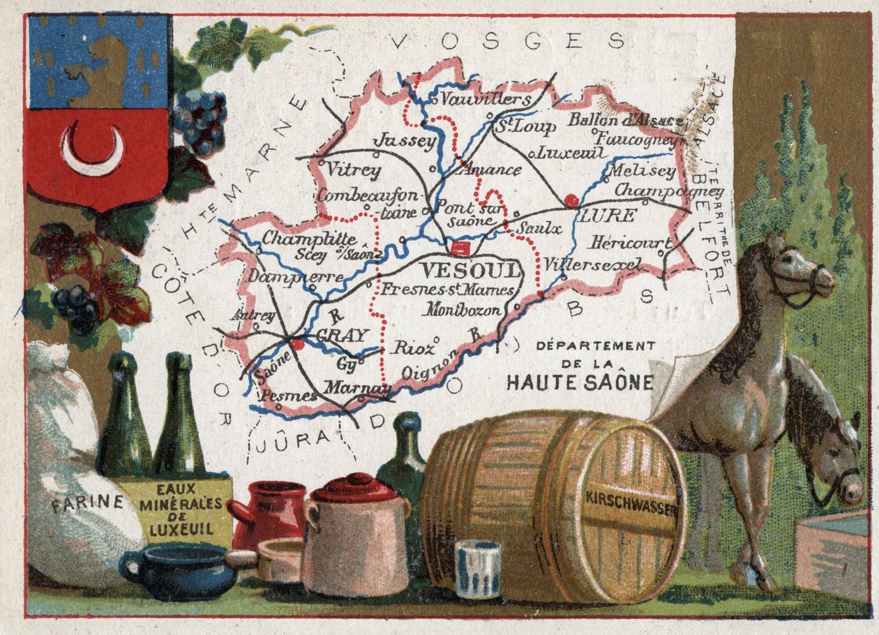 A Haute-Saone (Haute Saone, 70), Franche Comte (Franche-Comte), Franciaország. Liszt, Luxeuil Minerales, kirschwasser (kirsch). Sorozat a francia minisztériumokról. Kromolitográfia (Chromo) „” a földrajzi szál””, 1920 körül. Magángyűjtemény. alkotó: French School