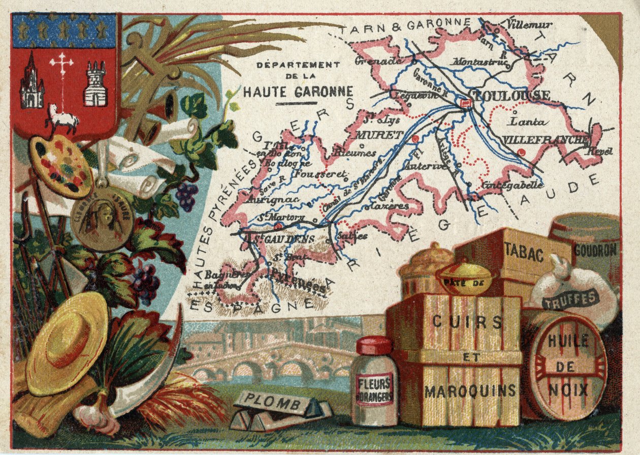 La Haute Garonne (Haute-Garonne, 31), Midi-Pyrenees (Midi Pyrenees), Franciaország. Helyi specialitások: ólom, narancsvirág, paszta, bőr és bőráruk, dohány, dióolaj, kátrány és szarvasgomba. Sorozat a francia minisztériumokról. Kromolitográfia (Chromo) „”  alkotó: French School