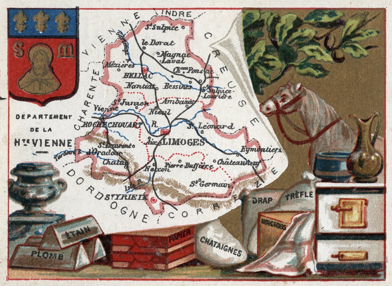 La Haute Vienne (Haute-Vienne, 87), Limousin, Franciaország. Ólom, ólom, gesztenyepapír, lap, lóhere és zsebkendő. Sorozat a francia minisztériumokról. Kromolitográfia (Chromo) „” a földrajzi szál””, 1920 körül. Magángyűjtemény. alkotó: French School