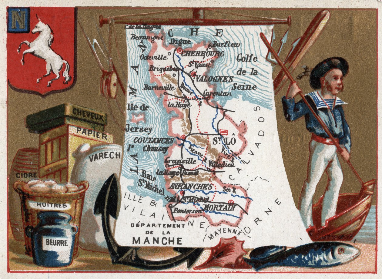 La Manche (50), Basse-Normandia (Basse-Normandia), Franciaország. Helyi specialitás: őszibarack és osztriga, almabor és papír. Sorozat a francia minisztériumokról. Kromolitográfia (Chromo) „” a földrajzi szál””, 1920 körül. Magángyűjtemény. alkotó: French School
