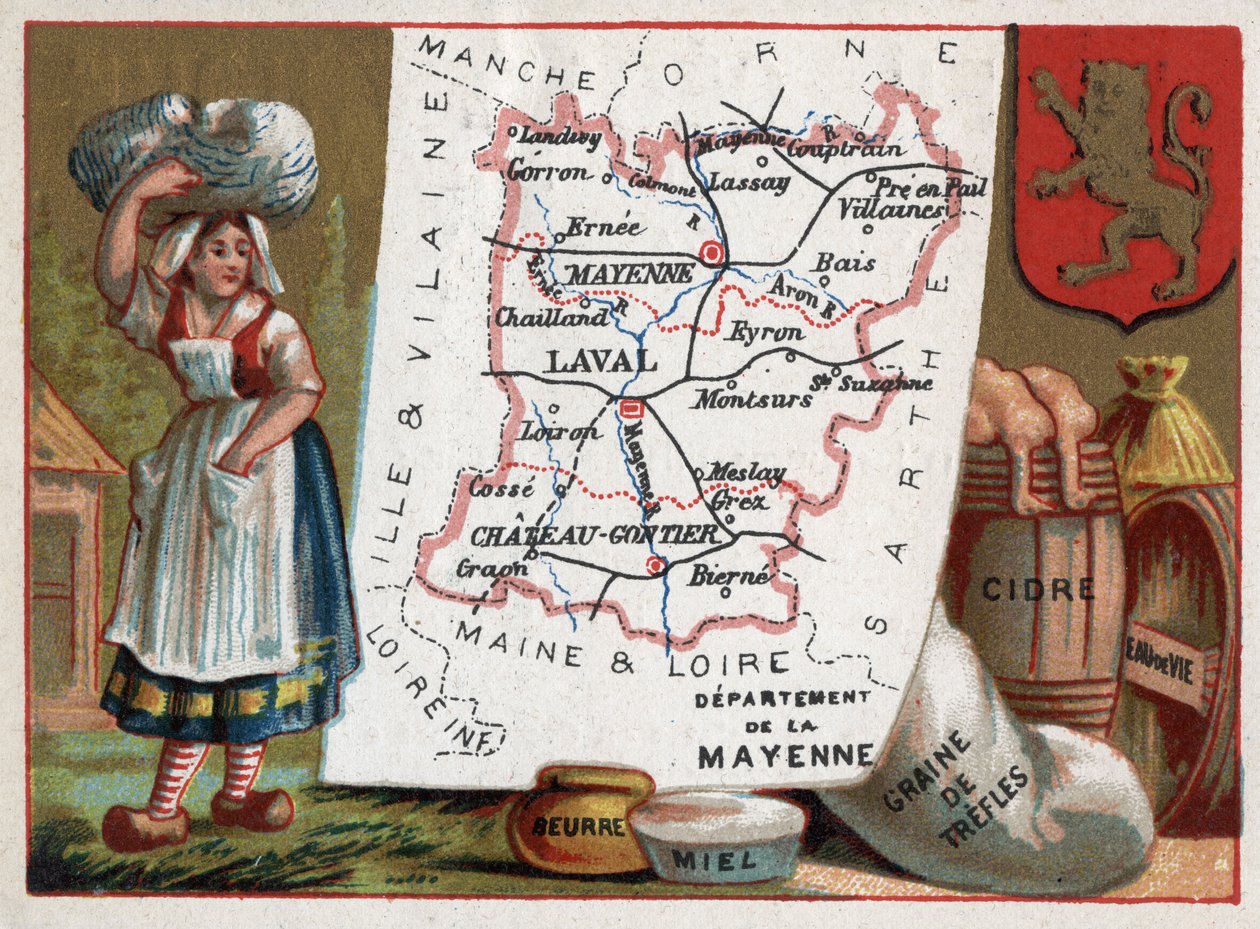 La Mayenne (53), Pays de la Loire, Franciaország. Paraszt, vaj, méz, treffle mag, almabor és pálinka. Sorozat a francia minisztériumokról. Kromolitográfia (Chromo) „” a földrajzi szál””, 1920 körül. Magángyűjtemény. alkotó: French School