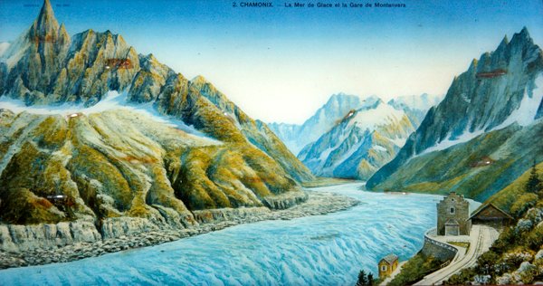 La Mer du Glace, Aiguille du Dru és Montanvers állomás, 1900 körül (színes fénykép) alkotó: French School