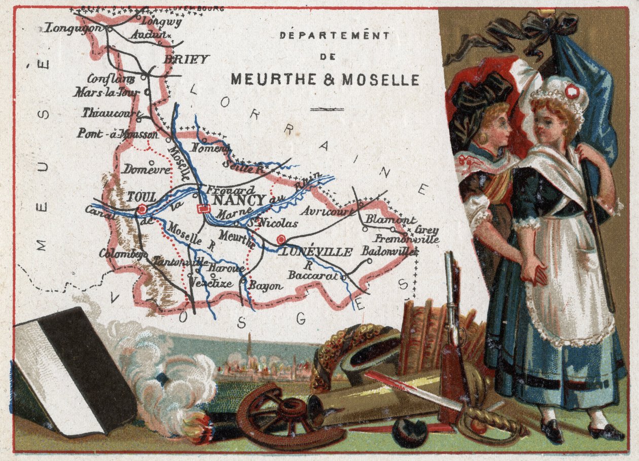 La Meurthe et Moselle (Meurthe-Et-Moselle, 54), Lotaringia, Franciaország. Két forradalmár nő portréja. Sorozat a francia minisztériumokról. Kromolitográfia (Chromo) „” a földrajzi szál””, 1920 körül. Magángyűjtemény. alkotó: French School