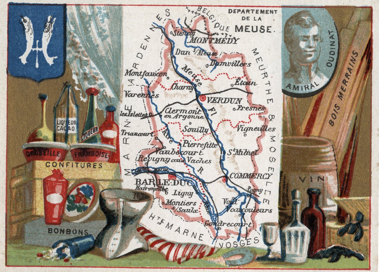 La Meuse (55), Lotaringia, Franciaország. Oudinat admirális (inkább Nicolas Charles Marie Oudinot, Reggio hercege 1767-1847), Marechal of Empire portréja. Helyi specialitások: egres és Frambois likőr, édességek, bor és habos fa. Sorozat a francia Depáról alkotó: French School