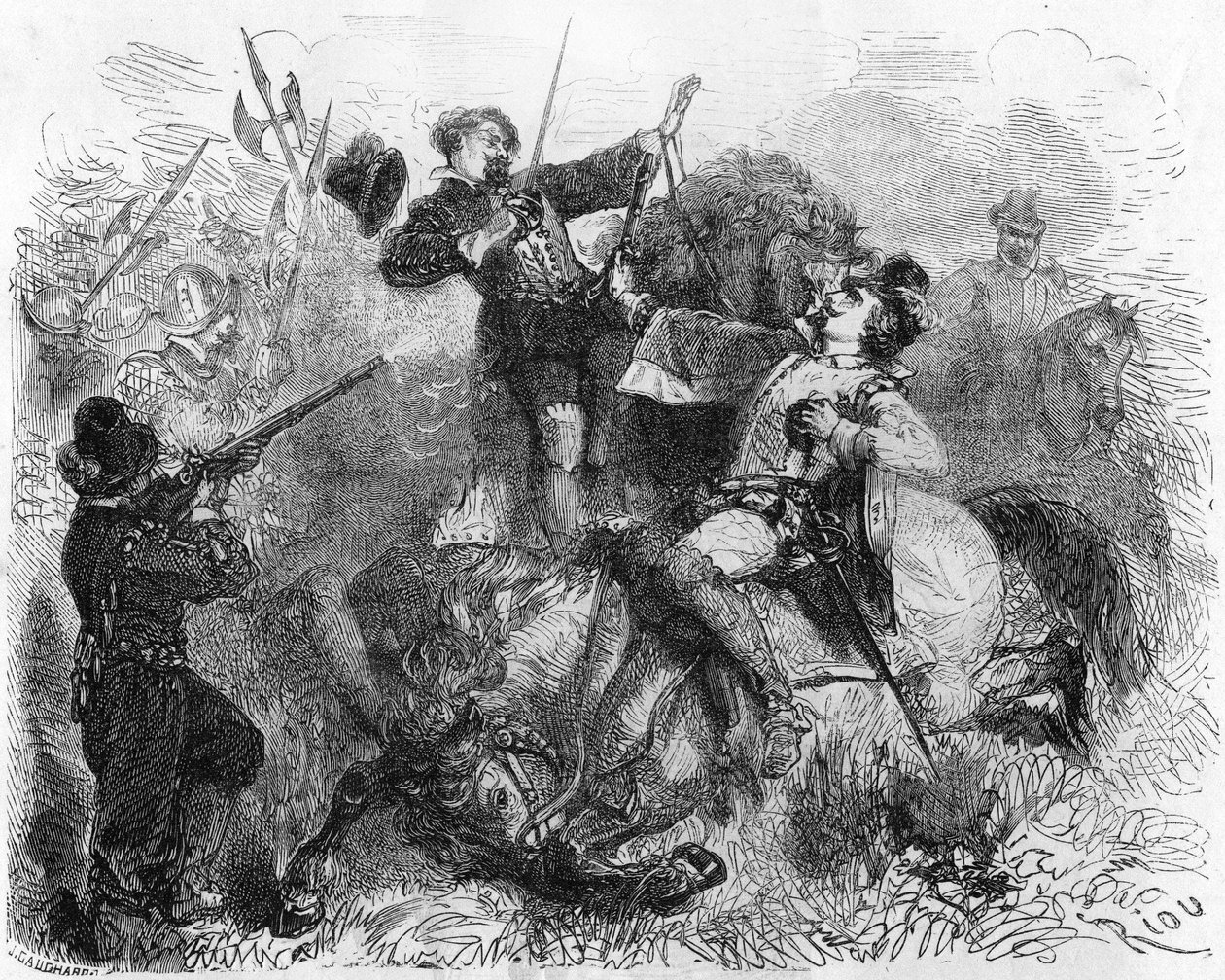 La Renaudie, a limusini úriember, aki a vallásszabadságért harcolt, 1559. március 16-án egy csata során meghalt. In "" Histoire Populaire de la France"", sd. 1885 körül. Metszet. alkotó: French School