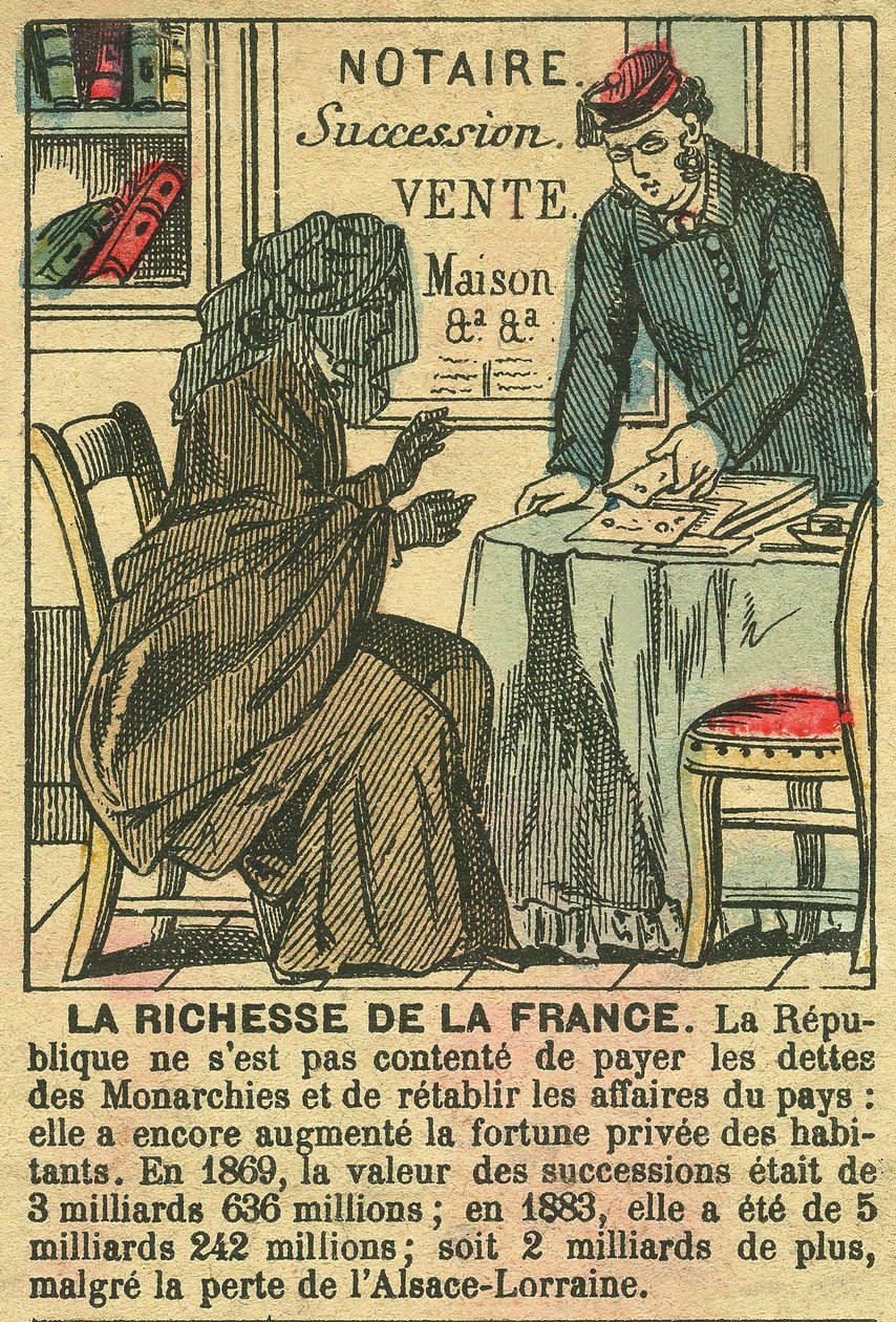 La Riche de la France, amely a harmadik köztársaságnak a franciák személyes meggazdagodására gyakorolt hatását mutatja be. Metszet, a "Le Figaro, melléklet" című párizsi lapban, 1889. március 30-án. alkotó: French School