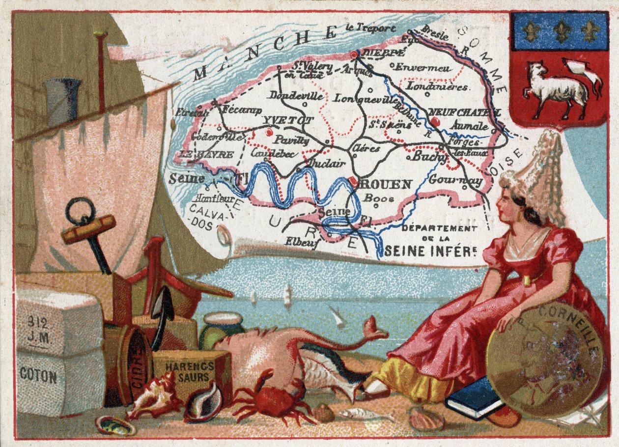 La Seine Inferieure, jelenleg Seine Maritime (76), Haute Normandy (Haute-Normandie), Franciaország. Helyi specialitások: pamut, almabor, hering. Pierre Corneille (1606-1684) francia drámaíró portréja. Sorozat a francia minisztériumokról. Kromolitográfia (C alkotó: French School