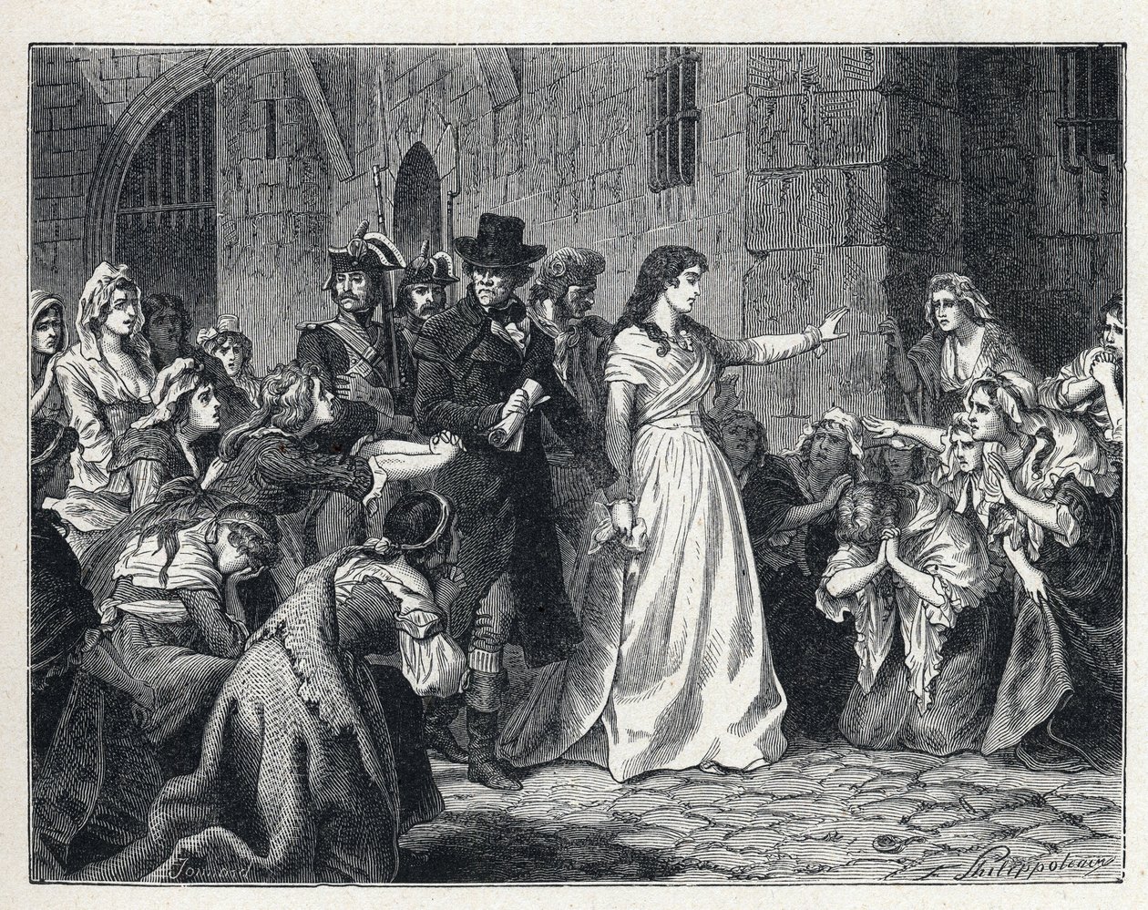 La Terreur a francia forradalom idején: Madame Jeanne Marie Roland de la Platiere (1754-1793) elhagyja a Concierge börtönt, hogy a Forradalmi Bíróság elé álljon 1793-ban. Kodetenujai az útjába térdelnek. alkotó: French School