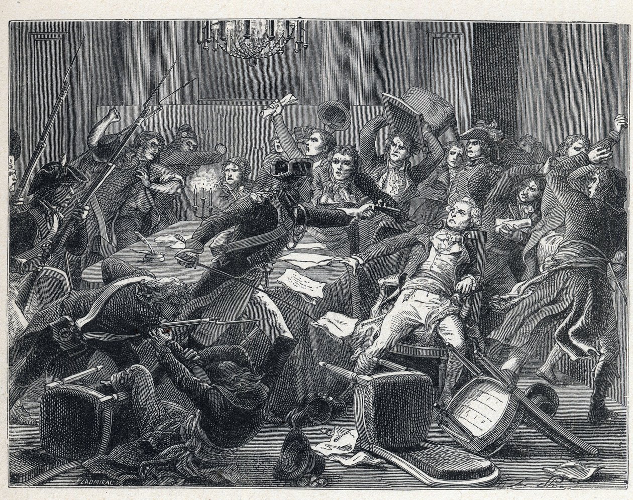La Terreur a francia forradalom idején: Maximilian de Robespierre (1758-1794) letartóztatása és támogatói találkoztak a Hotel de Ville de Paris-ban II. Thermidor év 9-én (1794. július 27-én). A központban egy csendőr pisztolyt lőtt Robespierre-re (1758-179 alkotó: French School