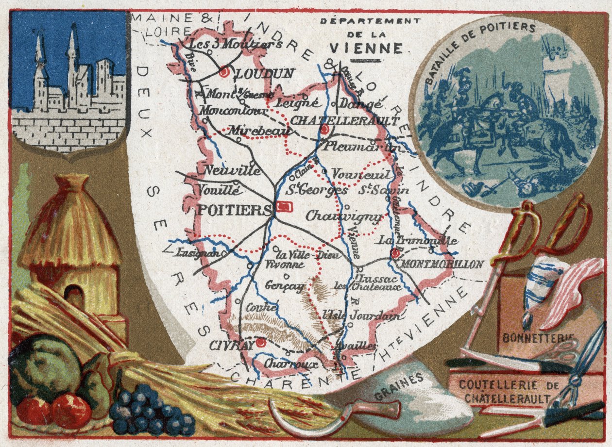La Vienne (86), Poitou-Charentes (Poitou Charentes), Franciaország. Magvak, Chatellerault evőeszközök és harisnyaáruk. Sorozat a francia minisztériumokról. Kromolitográfia (Chromo) „” a földrajzi szál””, 1920 körül. Magángyűjtemény. alkotó: French School