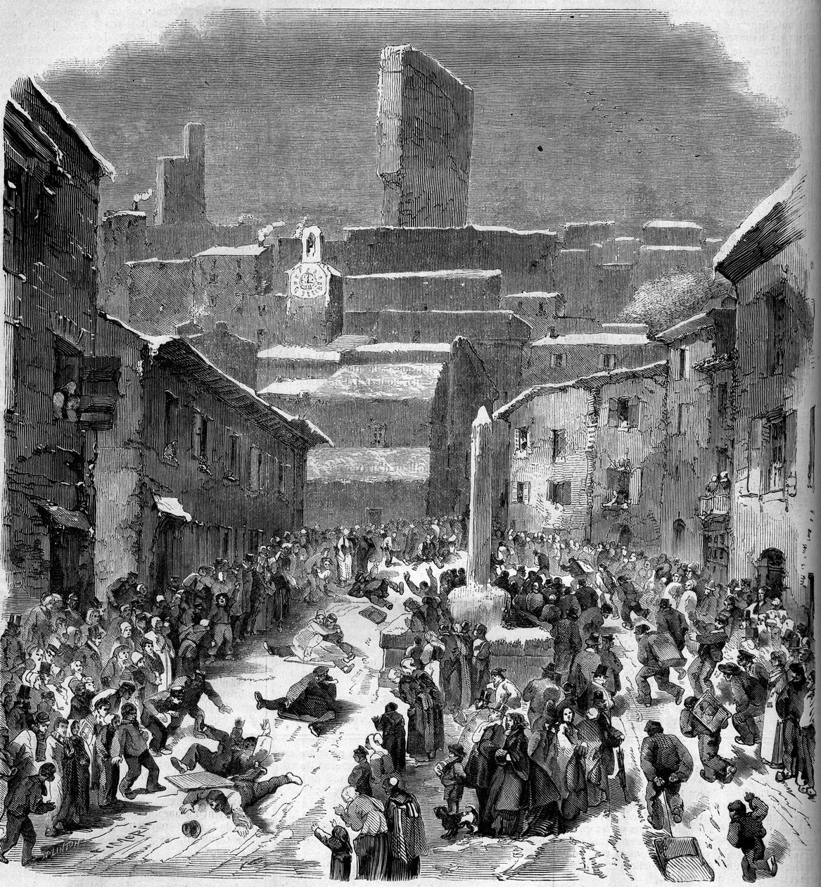 A csúszda barriotokban (szánkózás) Bourdeaux-ban, Drome (26), 1860 telén. Metszet a „” Le Monde Illustré”” 149. számában, 1860. február 18.. alkotó: French School
