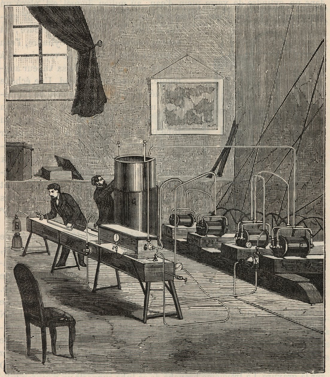La liquefaction des gaz dans le laboratoire de Raoul Pictet (1878) - Raoul Pierre Pictet (1846-1929) svájci fizikus, kísérletet végez a hidrogéngáz cseppfolyósítására és megszilárdítására, valamint az anyagok tulajdonságait tanulmányozta alacsony hőmérsékl alkotó: French School