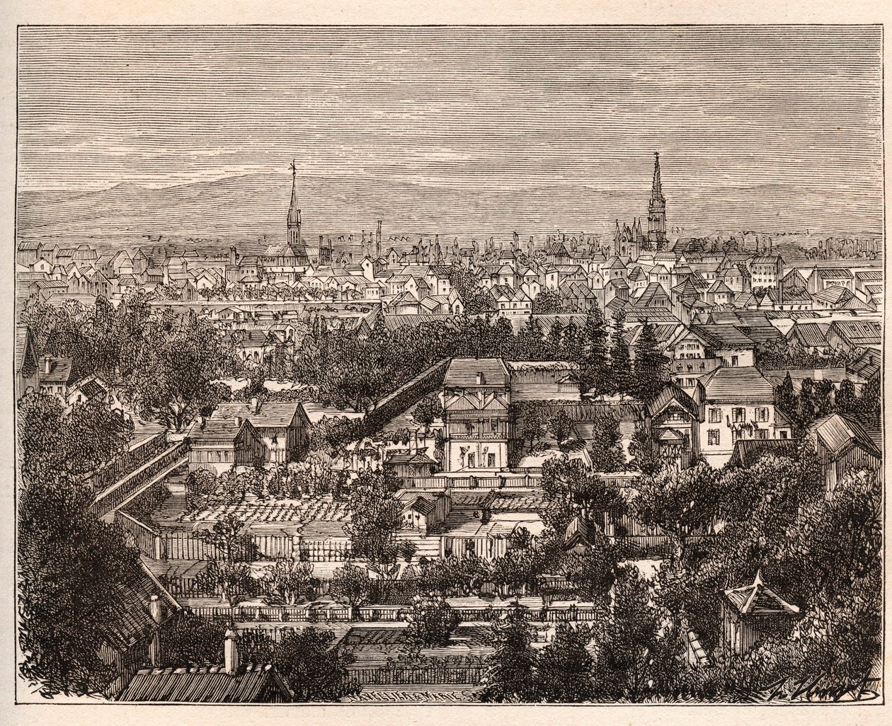 Mulhouse városa (Haut-Rhin) – V. A. Malt-Brown „La France illustrée: földrajz, történelem, statisztikai igazgatás” metszete. 1884 alkotó: French School